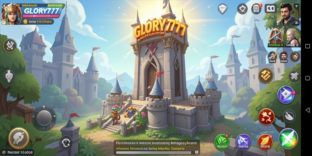 Screenshot gameplay GLORY777 menampilkan pertarungan menara melawan gelombang musuh.