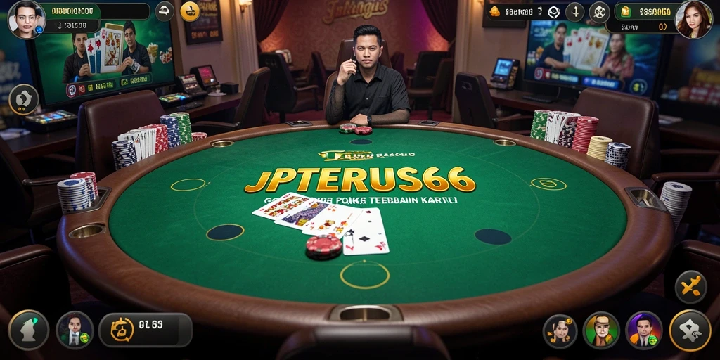 Tampilan gameplay menarik di JPTERUS66 dengan suasana poker yang nyata.
