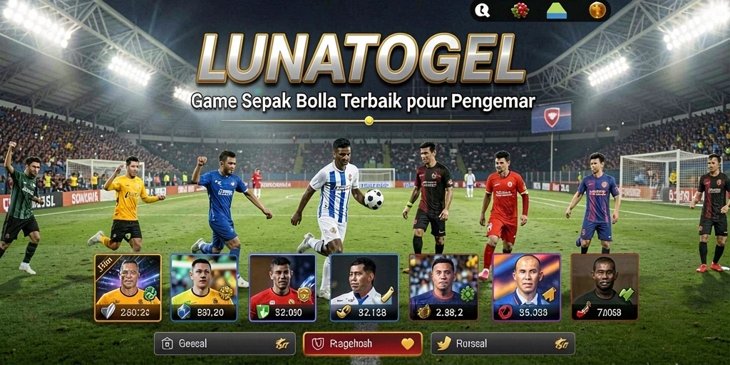 Screenshot utama dari gameplay LUNATOGEL menampilkan aksi seru di lapangan sepak bola.