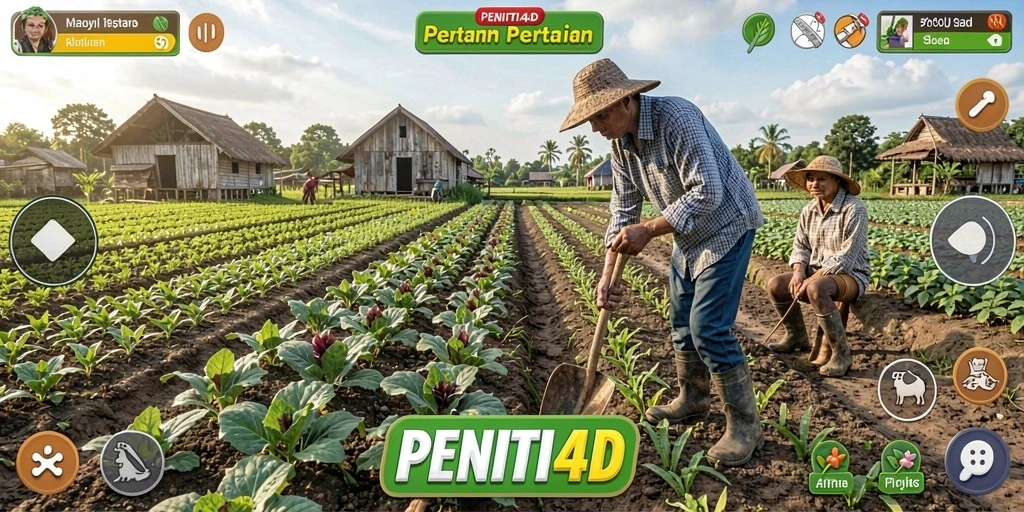 Screenshot gameplay PENITI4D menampilkan aktivitas pertanian yang asyik.