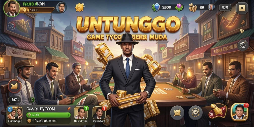 Tampilan gameplay UNTUNGGO dengan manajemen bisnis yang menarik.